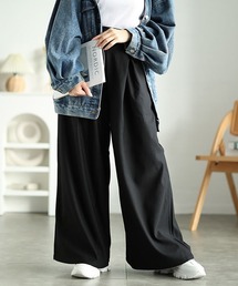 裾が床につかないストレッチタックワイドパンツ【大きいサイズ対応】