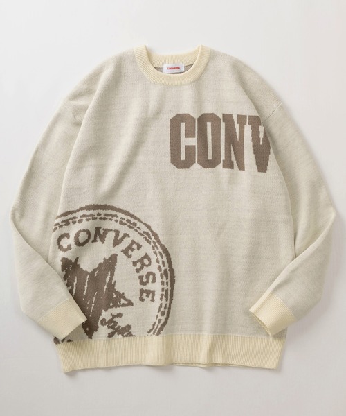 CONVERSE(コンバース)の「【0】【CONVERSE/コンバース】ブランドロゴ マルチグラフィック ジャガード織デザイン クルーネック長袖ニット/ ビッグシルエット/セーター(ニット/セーター・メンズ・チャコールグレー/ブラック/スミクロ/グレイッシュベージュ/アイボリー/サックスブルー/クリーム/ブラック系その他・XL/L/M)」の2枚目の写真