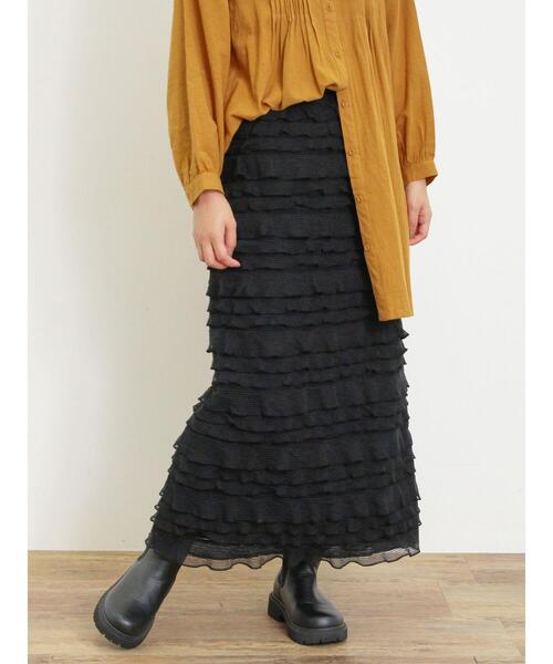 Samansa Mos2(サマンサ モスモス)の「シャーリングフリルナロースカート(スカート・レディース・ブラウン/ブラック/オフホワイト・F)」の2枚目の写真