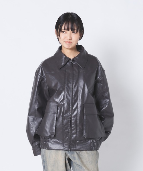 ＿gram.黒 レザー風ジャケット L