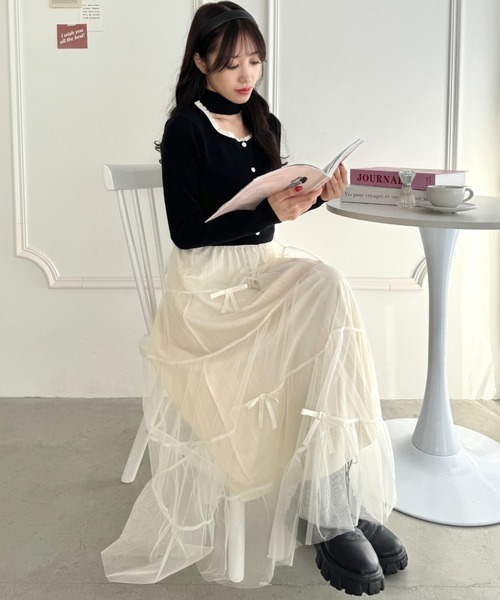 Loueme（ルエム）の「メニーリボンチュールティアードスカート 
