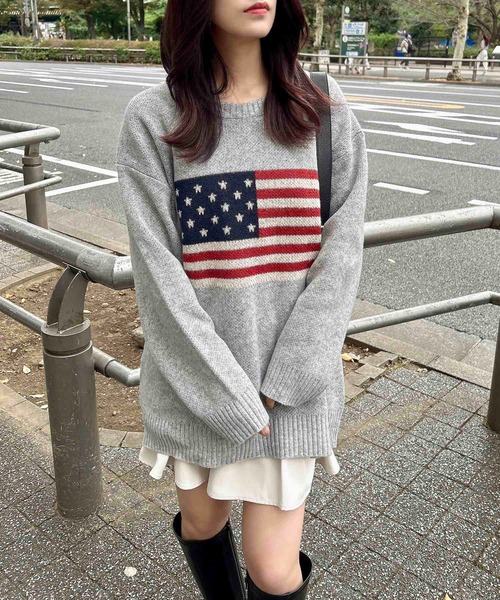 INGNI(イング)の「アメリカ国旗ニットプルオーバー(ニット/セーター・レディース・ネイビー/グレー/オフホワイト・M)」の14枚目の写真