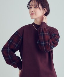 SHOO・LA・RUE | 【S-LL/洗える】裏起毛 お袖チェック切替トップス【SHOO WARM】(スウェット)