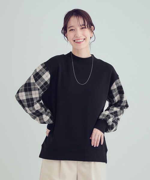 SHOO・LA・RUE（シューラルー）の「◆【S-LL/洗える】裏起毛 お袖チェック切替トップス【SHOO WARM】（スウェット・レディース・ボルドー/ブラック/ブラウン系その他・01/02/03/04）」の9枚目の写真