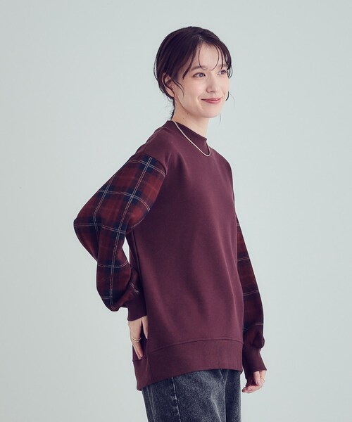SHOO・LA・RUE（シューラルー）の「◆【S-LL/洗える】裏起毛 お袖チェック切替トップス【SHOO WARM】（スウェット・レディース・ボルドー/ブラック/ブラウン系その他・01/02/03/04）」の14枚目の写真