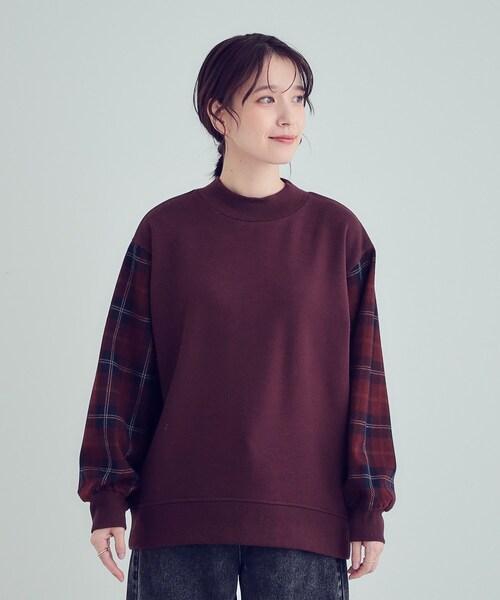 SHOO・LA・RUE（シューラルー）の「◆【S-LL/洗える】裏起毛 お袖チェック切替トップス【SHOO WARM】（スウェット・レディース・ボルドー/ブラック/ブラウン系その他・01/02/03/04）」の7枚目の写真