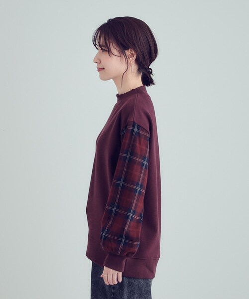 SHOO・LA・RUE（シューラルー）の「◆【S-LL/洗える】裏起毛 お袖チェック切替トップス【SHOO WARM】（スウェット・レディース・ボルドー/ブラック/ブラウン系その他・01/02/03/04）」の8枚目の写真