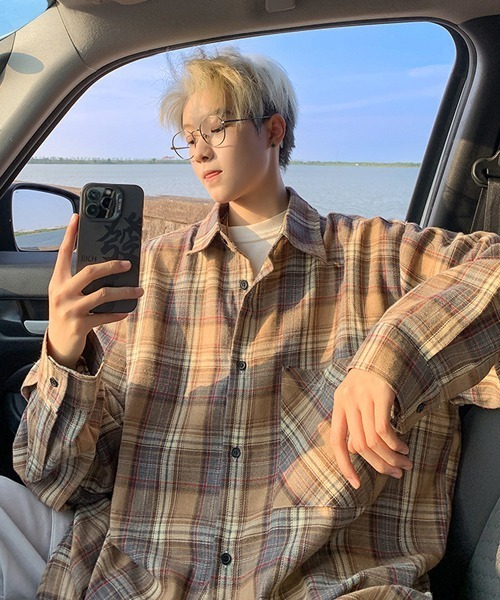 Ressaca（レサーカ）の「オーバーサイズ長袖チェック柄シャツ（シャツ/ブラウス・メンズ・グリーン/ブルー/オレンジ/ベージュ/ブラック/ホワイト・M/L/XL）」の4枚目の写真