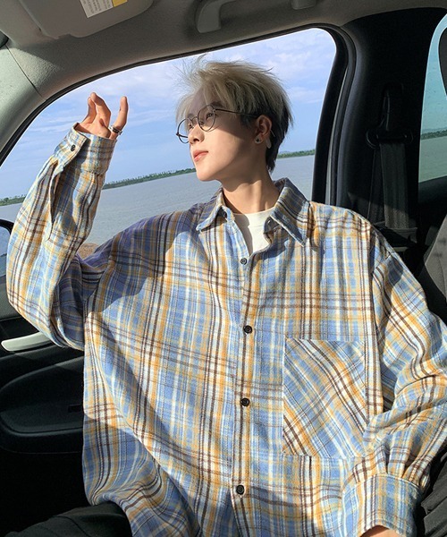 Ressaca（レサーカ）の「オーバーサイズ長袖チェック柄シャツ（シャツ/ブラウス・メンズ・グリーン/ブルー/オレンジ/ベージュ/ブラック/ホワイト・M/L/XL）」の5枚目の写真