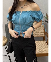 フロントジップリボンオフショルブラウス