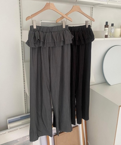 Teem Store(チームストア)の「ウエストティアードフリル ストライプワイドスラックスパンツ(スラックス・レディース・ブラック/チャコール・F)」の12枚目の写真