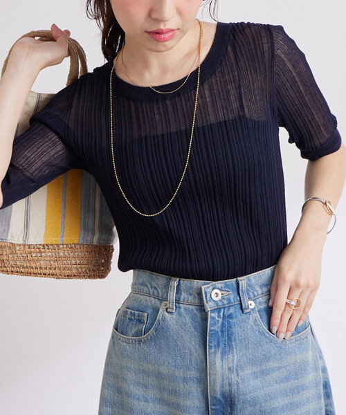 La boutique BonBon(ラブティックボンボン)の「【美人見えシアー】シアーランダムリブ5分袖ニット(ニット/セーター・レディース・ホワイト/ピンク/ネイビー・FREE)」の1枚目の写真
