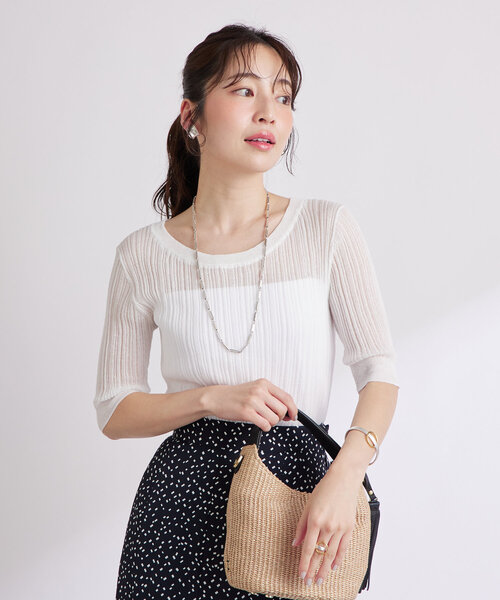La boutique BonBon(ラブティックボンボン)の「【美人見えシアー】シアーランダムリブ5分袖ニット(ニット/セーター・レディース・ホワイト/ピンク/ネイビー・FREE)」の4枚目の写真