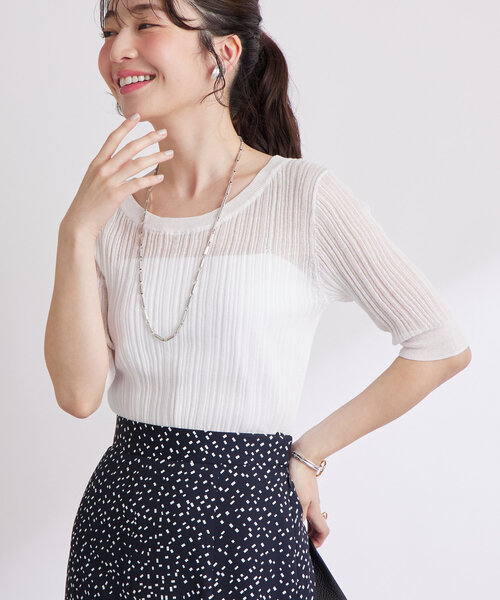 La boutique BonBon(ラブティックボンボン)の「【美人見えシアー】シアーランダムリブ5分袖ニット(ニット/セーター・レディース・ホワイト/ピンク/ネイビー・FREE)」の5枚目の写真