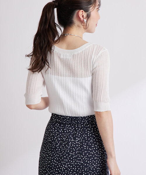 La boutique BonBon(ラブティックボンボン)の「【美人見えシアー】シアーランダムリブ5分袖ニット(ニット/セーター・レディース・ホワイト/ピンク/ネイビー・FREE)」の7枚目の写真