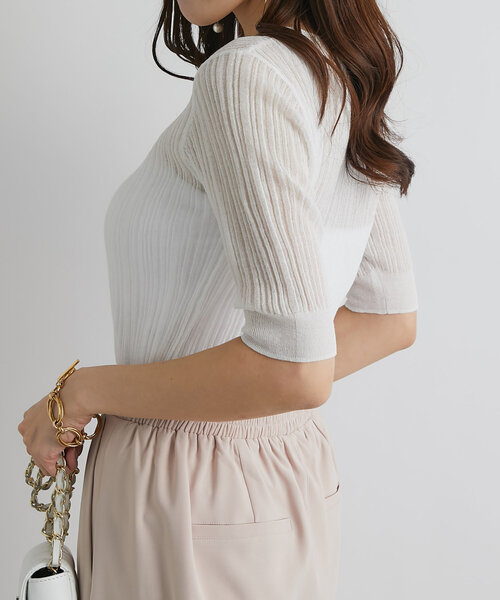 La boutique BonBon(ラブティックボンボン)の「【美人見えシアー】シアーランダムリブ5分袖ニット(ニット/セーター・レディース・ホワイト/ピンク/ネイビー・FREE)」の13枚目の写真