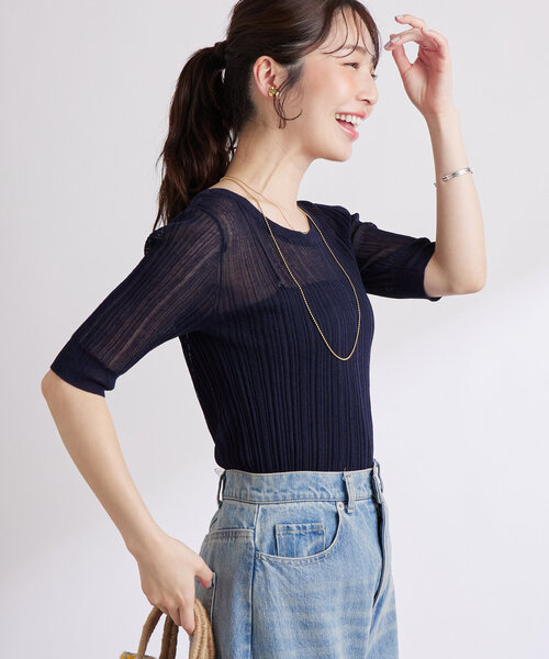 La boutique BonBon(ラブティックボンボン)の「【美人見えシアー】シアーランダムリブ5分袖ニット(ニット/セーター・レディース・ホワイト/ピンク/ネイビー・FREE)」の20枚目の写真