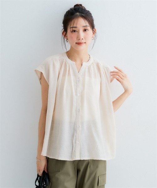 Petitjo（プッチージョ）の「小さいサイズ　楊柳フレンチスリーブブラウス　低身長さん・小柄女性（シャツ/ブラウス・レディース・ベージュ/ネイビー/オレンジ・PM/PS）」の2枚目の写真