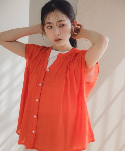 Petitjo（プッチージョ）の「小さいサイズ　楊柳フレンチスリーブブラウス　低身長さん・小柄女性（シャツ/ブラウス・レディース・ベージュ/ネイビー/オレンジ・PM/PS）」の3枚目の写真