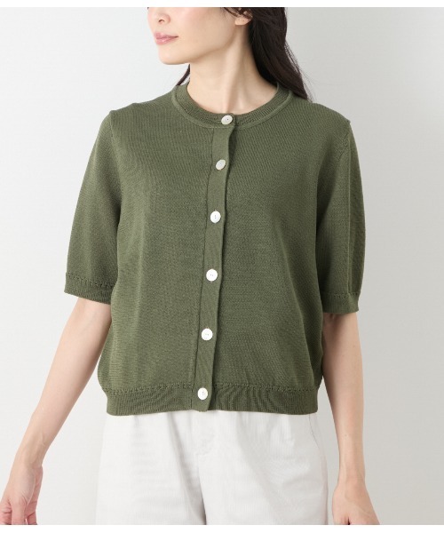 リネンライクワッフル クルーネック5分袖カーディガン（ニット