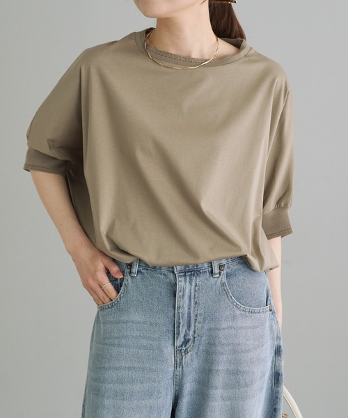 PUAL CE CIN（ピュアルセシン）の「両面シルケットリブ袖Tシャツ（Tシャツ/カットソー・レディース・ベージュ/ブラック/オフホワイト/グレー・FREE）」の4枚目の写真