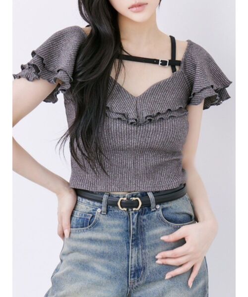 EATME（イートミー）の「ベルテッドラッフルフリルTOP（Tシャツ/カットソー・レディース・ブルー/グレー/ブラック/アイボリー・FREE）」の4枚目の写真