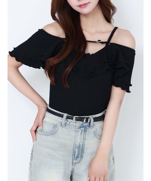 EATME（イートミー）の「ベルテッドラッフルフリルTOP（Tシャツ/カットソー・レディース・ブルー/グレー/ブラック/アイボリー・FREE）」の3枚目の写真