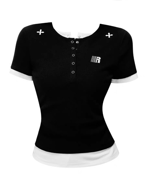AsheKsha(アシクシャ)の「【新作】ボタン配色フェイクツーピースフィットショートスリーブ(Tシャツ/カットソー・レディース・グレー/ブラック・F)」の19枚目の写真