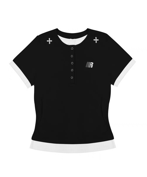 AsheKsha(アシクシャ)の「【新作】ボタン配色フェイクツーピースフィットショートスリーブ(Tシャツ/カットソー・レディース・グレー/ブラック・F)」の3枚目の写真