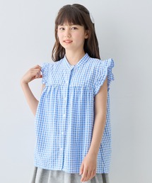 Junrin　　水色チェック フリル付き半袖ブラウス　新品未使用 Junrin様専用 水色チェック フリル付き半袖ブラウス 新品未使用