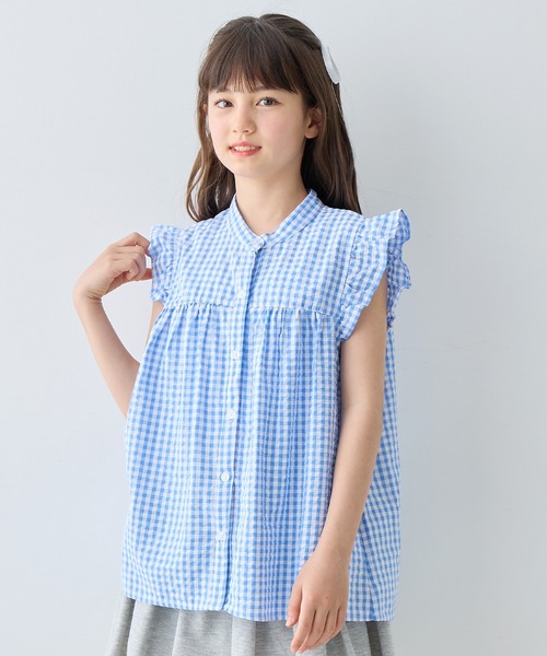 極美品✨レザレクション　ノースリーブシャツ　フリル　ギンガムチェック　紺　S 極美品✨レザレクション ノースリーブシャツ フリル ギンガム