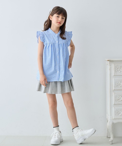 極美品✨レザレクション　ノースリーブシャツ　フリル　ギンガムチェック　紺　S 極美品✨レザレクション ノースリーブシャツ フリル ギンガム