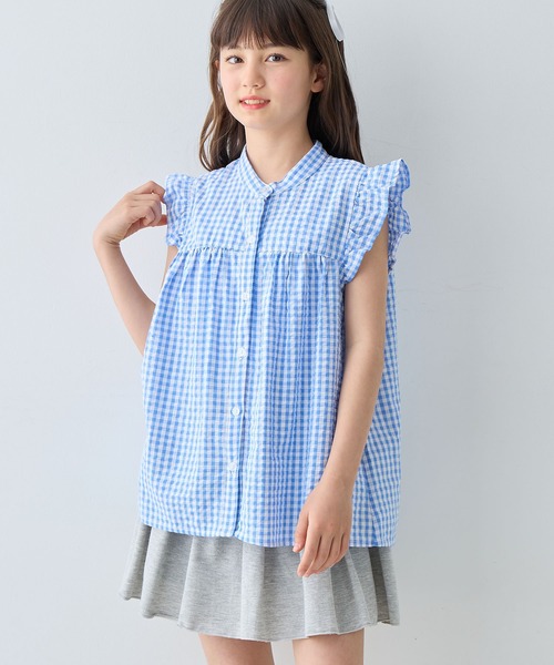 プラダ PRADA ノースリーブシャツ ブラウス ギンガムチェック フリル 青 ブルー系 36 約S IBO71 レディース PRADA プラダ ノースリーブシャツ ブラウス ギンガムチェック