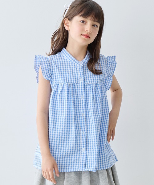 【新品未使用】HEIHEI パフスリーブフリルブラウス ギンガムチェック ブルー 新品未使用】HEIHEI パフスリーブフリルブラウス ギンガムチェック ブルー