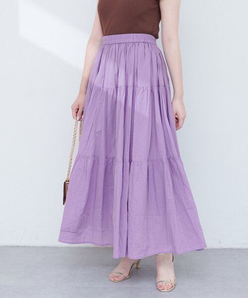 natural couture（ナチュラルクチュール）の「インド綿ボイルティアードスカート（スカート・レディース・ラベンダー/オフホワイト/サックスブルー/ブラック・FREE）」の4枚目の写真