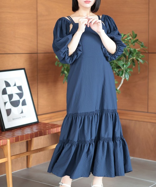 Ruwan yu(ルワンユー)の「3WAYギャザースリーブティアードワンピース【大きいサイズ対応】(ワンピース・レディース・ネイビー・4L/3L/LL/L)」の13枚目の写真