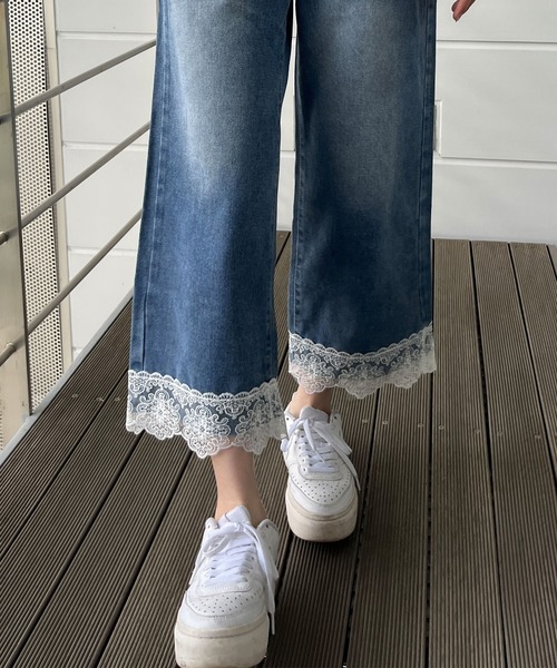 セール】裾レースクロップド丈デニムパンツ（デニムパンツ