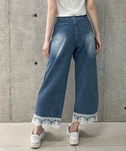 セール】裾レースクロップド丈デニムパンツ（デニムパンツ