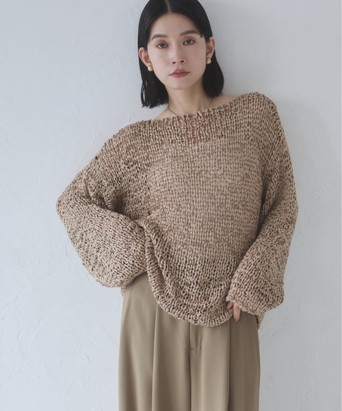 hunch（ハンチ）の「ペーパーヤーン 透かし編みトップス（ニット/セーター・レディース・ブラック/アイボリー/ベージュ・FREE）」の3枚目の写真