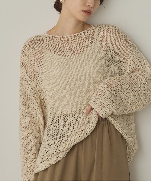 hunch（ハンチ）の「ペーパーヤーン 透かし編みトップス（ニット/セーター・レディース・ブラック/アイボリー/ベージュ・FREE）」の2枚目の写真
