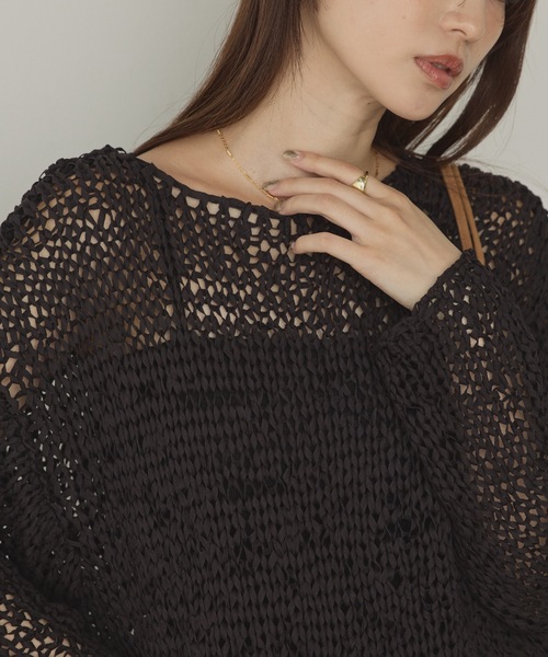 hunch（ハンチ）の「ペーパーヤーン 透かし編みトップス（ニット/セーター・レディース・ブラック/アイボリー/ベージュ・FREE）」の11枚目の写真