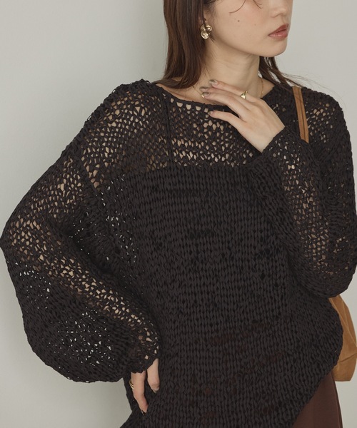 hunch（ハンチ）の「ペーパーヤーン 透かし編みトップス（ニット/セーター・レディース・ブラック/アイボリー/ベージュ・FREE）」の4枚目の写真