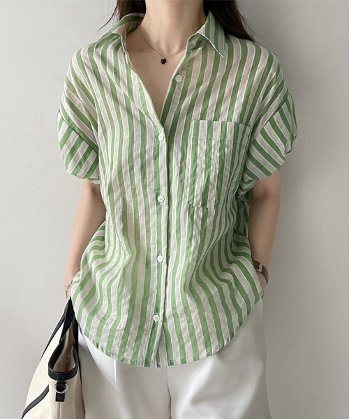 ReRe(リリ)の「ストライプ半袖シャツ(シャツ/ブラウス・レディース・ブラック/グリーン・MEDIUM/LARGE/X-LARGE)」の20枚目の写真