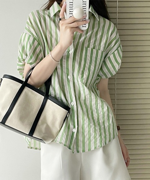 ReRe(リリ)の「ストライプ半袖シャツ(シャツ/ブラウス・レディース・ブラック/グリーン・MEDIUM/LARGE/X-LARGE)」の22枚目の写真