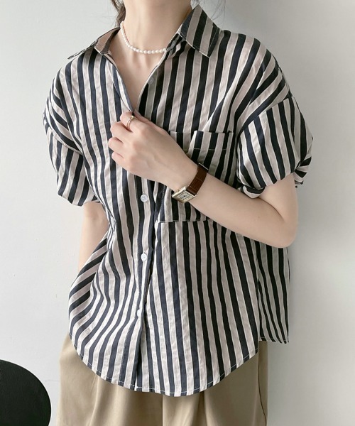 ReRe(リリ)の「ストライプ半袖シャツ(シャツ/ブラウス・レディース・ブラック/グリーン・MEDIUM/LARGE/X-LARGE)」の15枚目の写真
