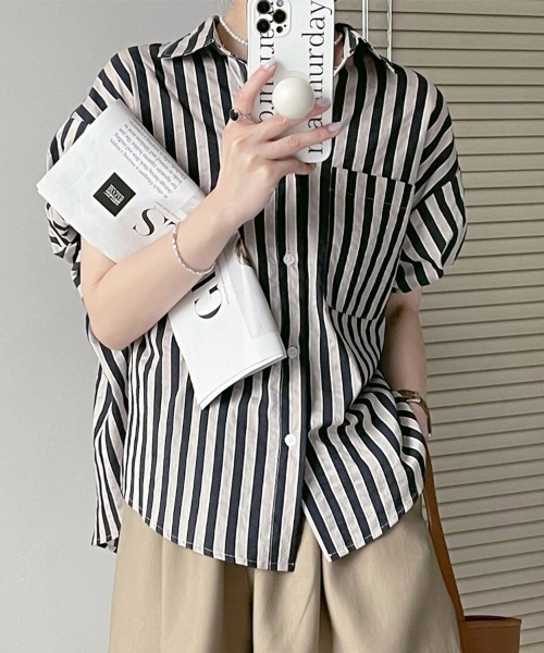 ReRe(リリ)の「ストライプ半袖シャツ(シャツ/ブラウス・レディース・ブラック/グリーン・MEDIUM/LARGE/X-LARGE)」の17枚目の写真