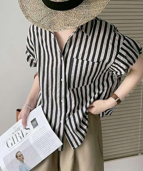 ReRe(リリ)の「ストライプ半袖シャツ(シャツ/ブラウス・レディース・ブラック/グリーン・MEDIUM/LARGE/X-LARGE)」の19枚目の写真