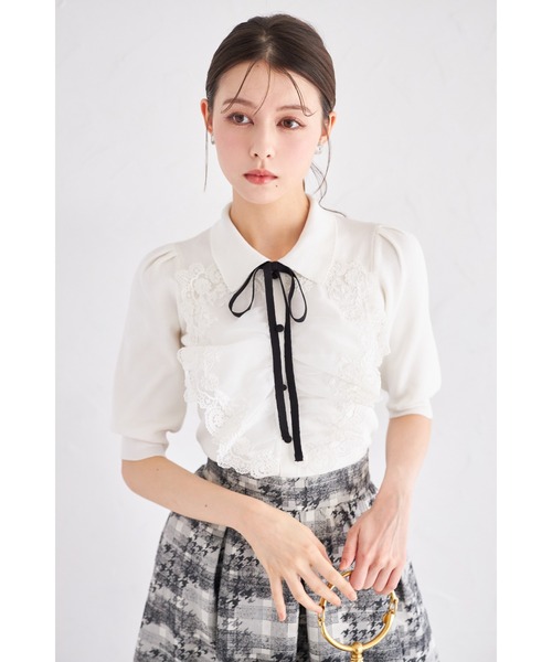 tocco closet(トッコ クローゼット)の「襟&リボン付きレースフリル装飾ニットプルオーバー(ニット/セーター・レディース・ブラック/ピンク/オフホワイト・M)」の8枚目の写真