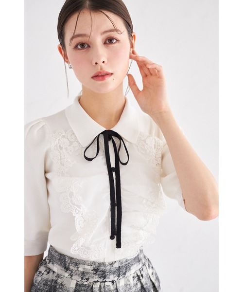 tocco closet(トッコ クローゼット)の「襟&リボン付きレースフリル装飾ニットプルオーバー(ニット/セーター・レディース・ブラック/ピンク/オフホワイト・M)」の9枚目の写真