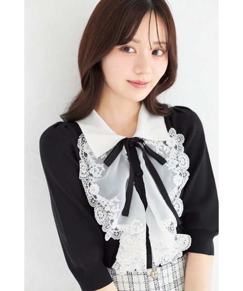 tocco closet(トッコ クローゼット)の「襟&リボン付きレースフリル装飾ニットプルオーバー(ニット/セーター・レディース・ブラック/ピンク/オフホワイト・M)」の15枚目の写真